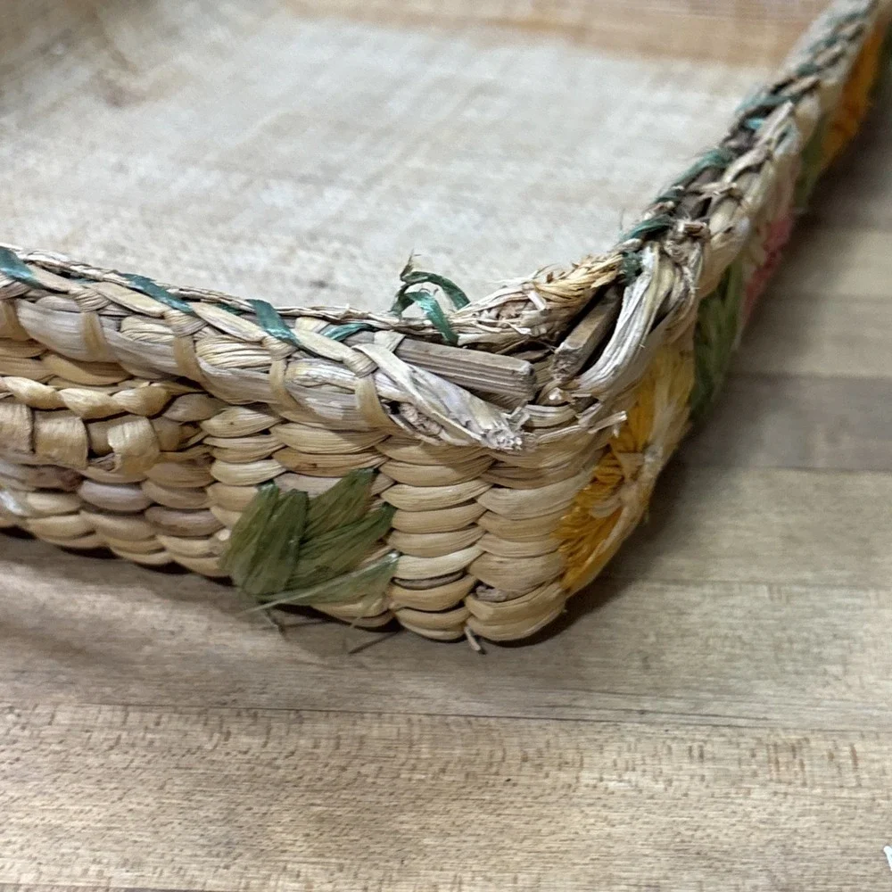 Vintage 60s 70s Raffia Floral Nesting Baskets Set 3 Boho Decor AS IS